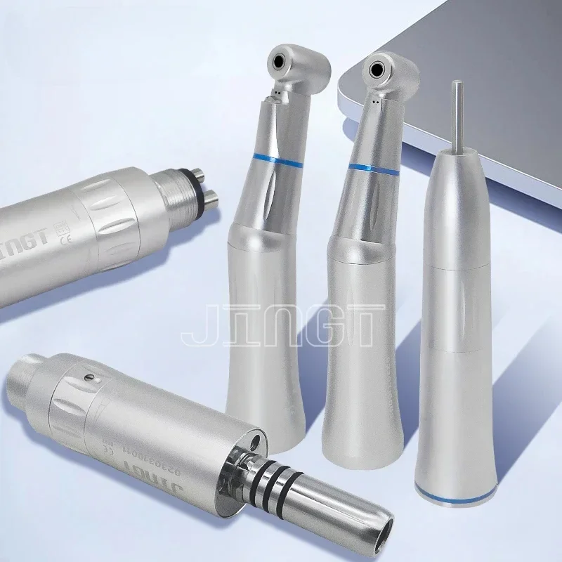 Dental Low Speed Contra Angle Handpiece Set - 4/2 Holes Air Turbine Motor with Straight and Internal Water Spray, Push Button