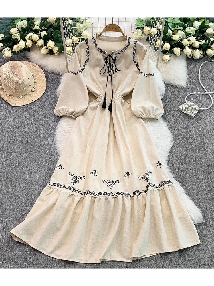 

Women's Summer Dress Ethnic Style Retro Embroidery Casual Temperament Ruffle Edge Stand Collar Lantern Sleeve Vestidos DS172