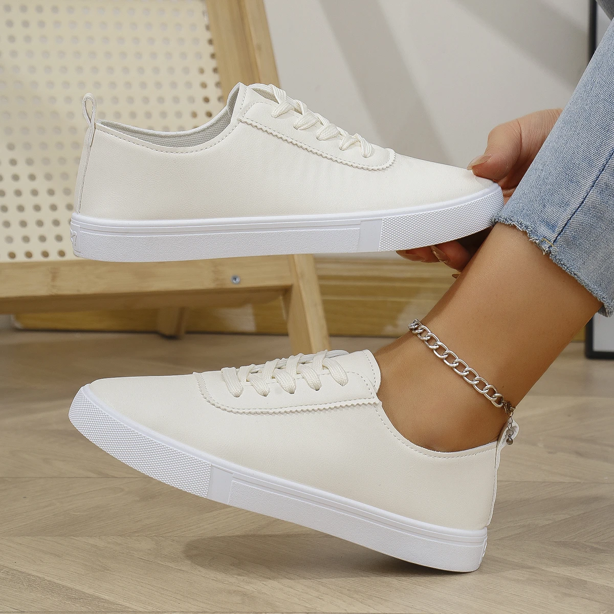 Women's Minimalist White Leather Sneakers with Ankle Chain | Low-Top Lace-Up Flat Shoes for Casual Everyday Wear