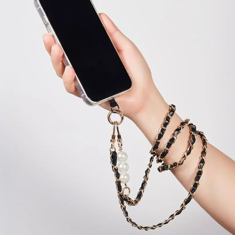 Luxuriöse Universelle Handy-Umhängetasche aus Leder mit Perlen-Accessoires, Handy-Lanyard, Diagonale Kreuztasche zur Dekoration – Detail 6