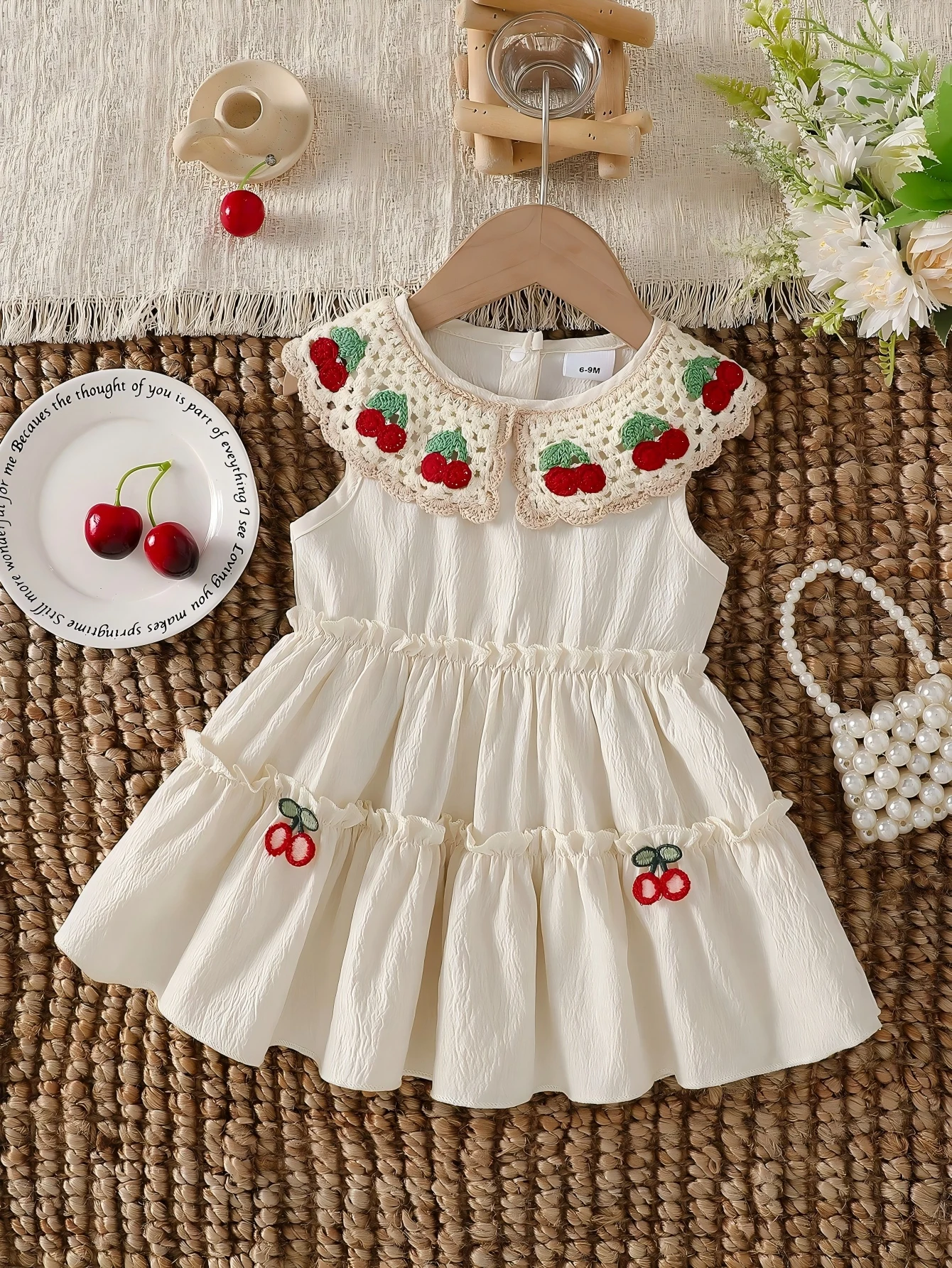 Baby Girl Summer Thin Apricot Sweet Fashion Cute Cherry Embroidery Doll Neck Sleeveless Vest Princess Dress
