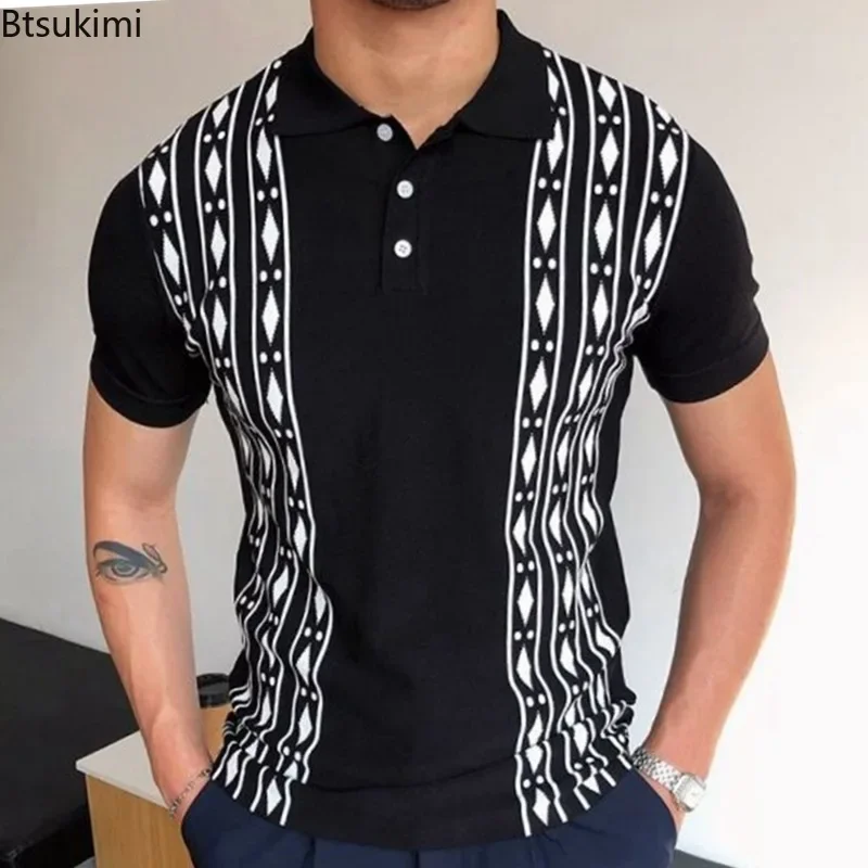 

Summer New Men's Business Casual Knit Polo Shirts Fashion Short Sleeve Jacquard Knitwear Men Breathable Lapel T-shirts Tops Male