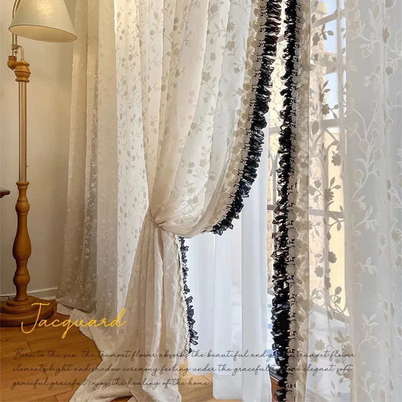 French Romantic Retro Heavy Industry Relief Window Screen Lace Curtains for Living Room Bedroom White Balcony Customize