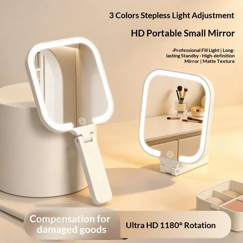 *LED Smart Makeup Mirror Hand-held Foldable 3 Colors Adjust Bright With Touch Screen Cosmetic Tabletop Vanty Mirror Travel Home