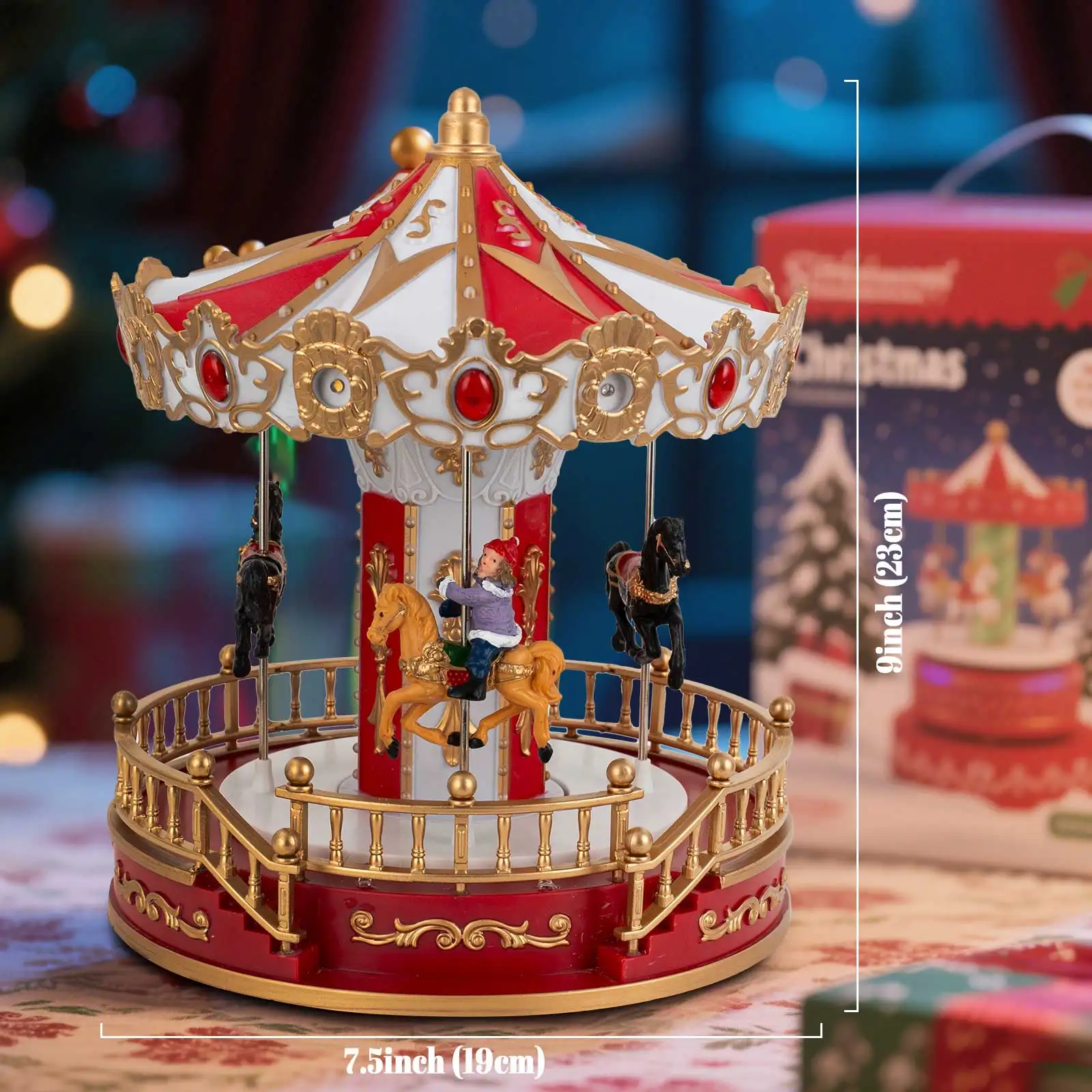 Animiertes Weihnachtskarussell mit musikalischem LED-Licht, Tischdekoration für den Innenbereich, Sammlung Dorfzubehör für die Feiertagspräsentation zu Hause – Detail 6