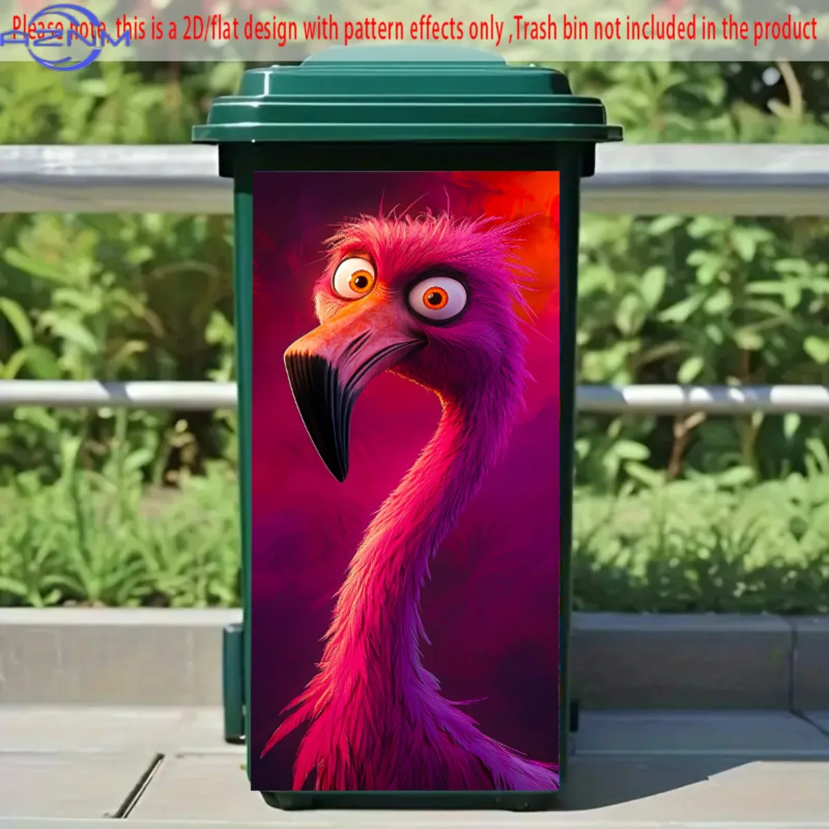 1pc 2D/FLAT, Self-Adhesive Dustbin Stickers,  X  , Pink Flamingo with Intense Gaze, Feathery Detail, Vivid Magenta-Red Backgro