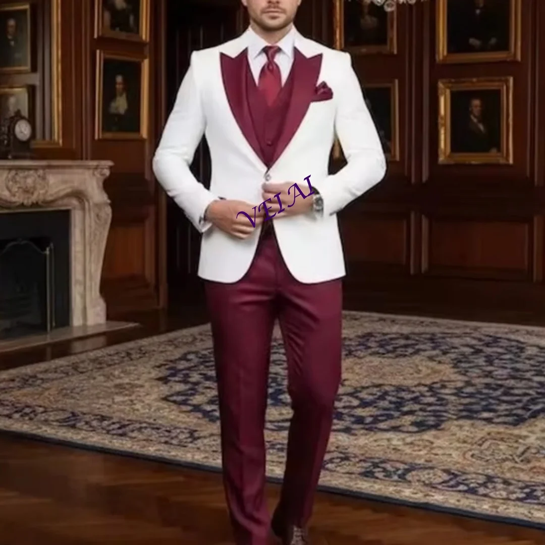 

Новый белый и бордовый мужской костюм по индивидуальному заказу, деловой мужской костюм для свадебной вечеринки, жениха, жениха, выпускного вечера, деловой мужской смокинг, комплект из 3 предметов, куртка Ves