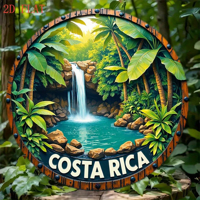 Letrero Metálico 2D de Costa Rica con Cascada, Selva Tropical, Letrero Vintage de Hojalata, Arte Mural Escénico de Playa, Decoración para el Hogar, Cafetería, Bar, Regalo