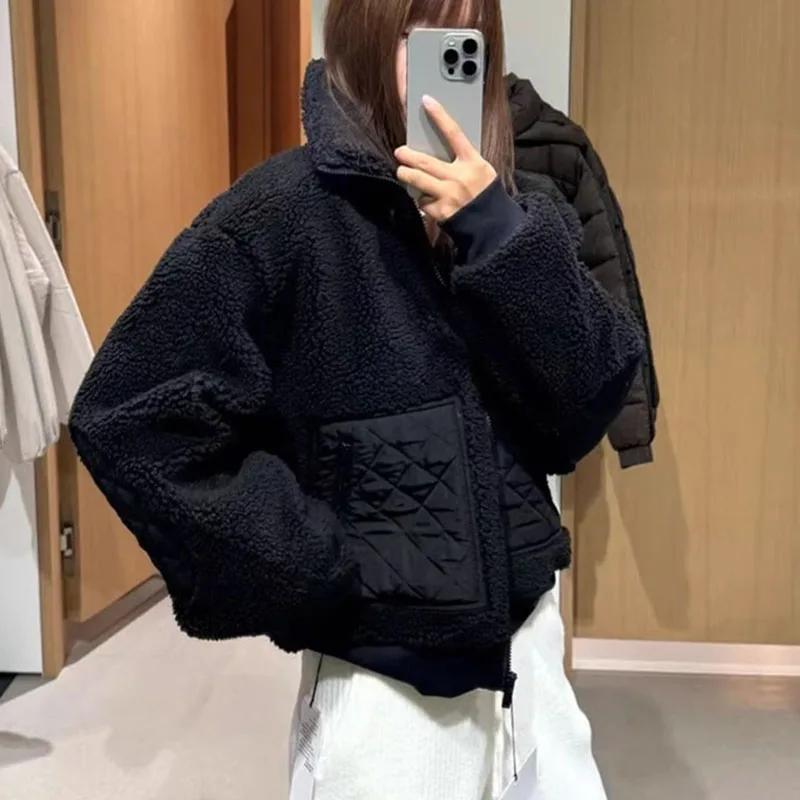 

Теплые плюшевые куртки из ягненка, осенне-зимняя верхняя одежда с воротником-стойкой на молнии, однотонные женские утепленные стеганые пальто, шикарная уличная одежда