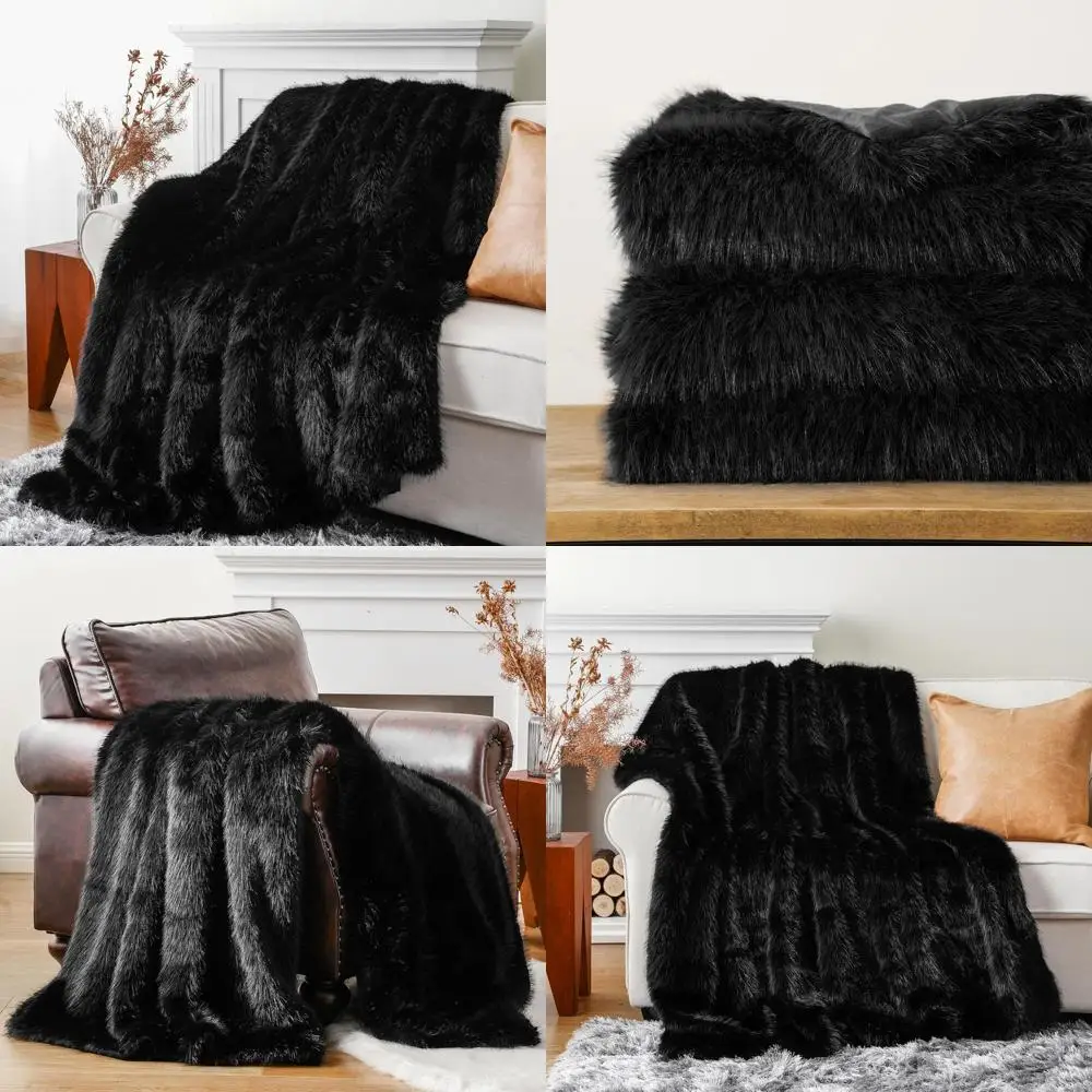 

Elegant Black Plush Faux Fur Blanket, Oversized Soft Warm Throw for Bed, Couch, Sofa, Chair, 60x80
