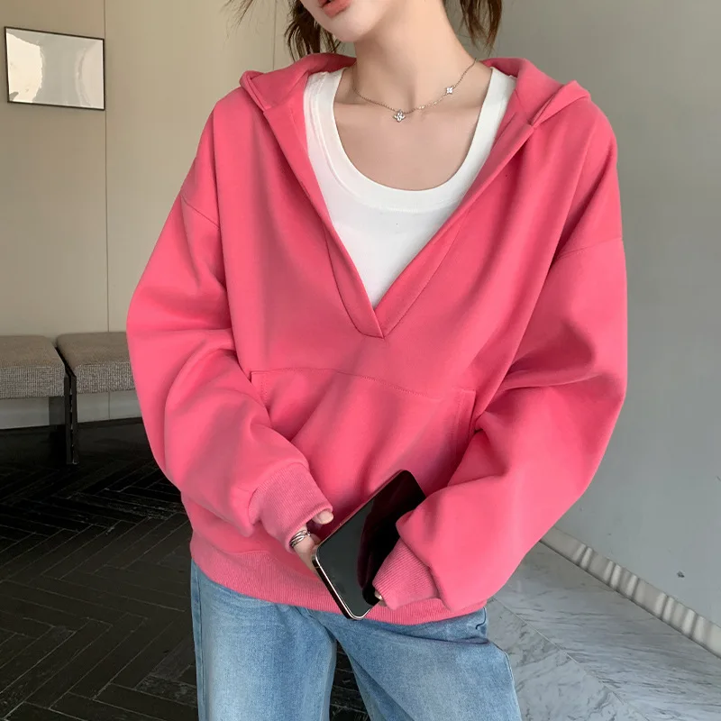 

2025 V-neck Hooded Sweatshirt Jacket for Women's Spring and Autumn Versatile Loose Pocket Casual Top