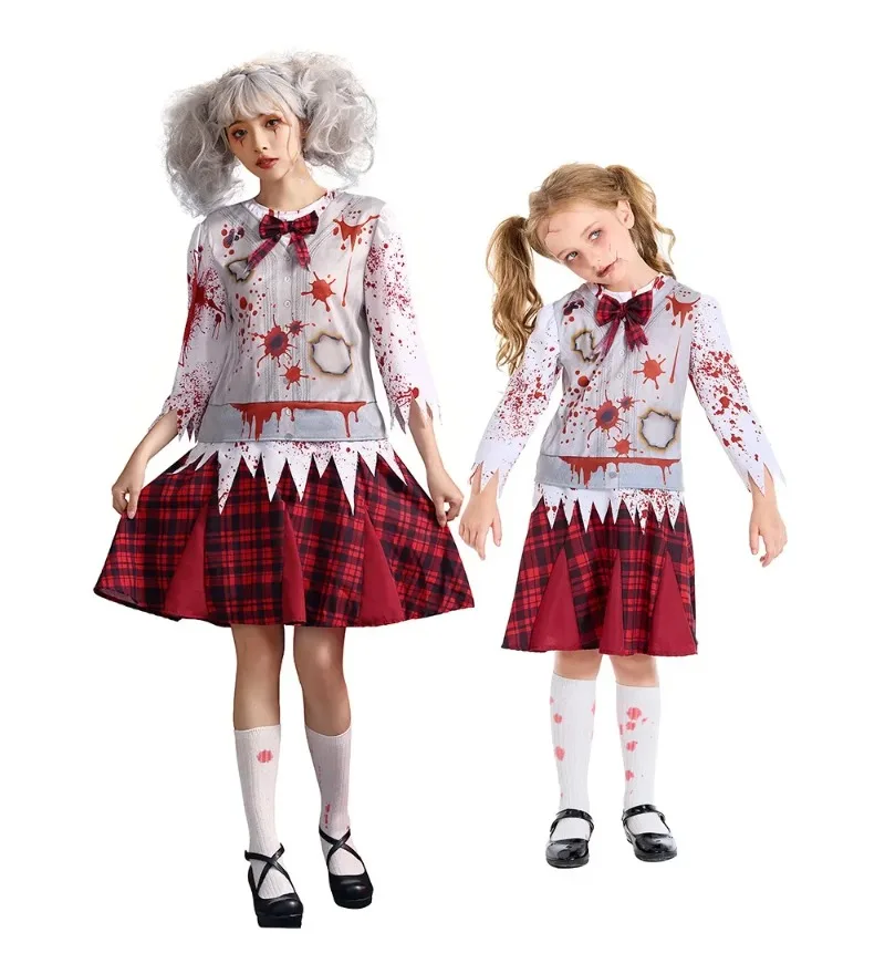

Детский страшный кровавый студенческий костюм вампира-зомби, косплей для взрослых, женщин и девочек, костюмы на Хэллоуин, Пурим, нарядное платье