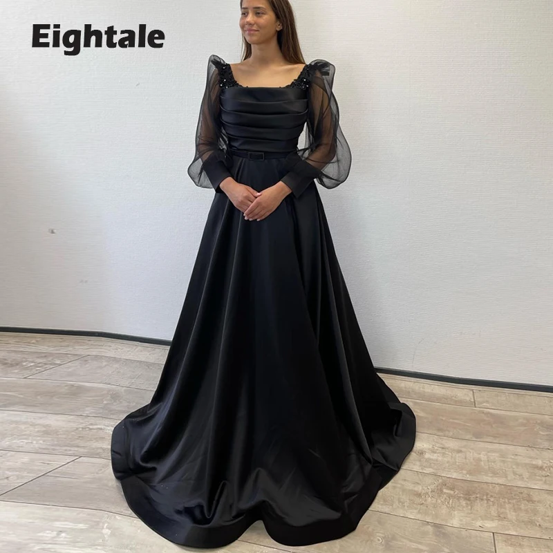 Eigtale-vestido de noche elegante para fiesta de boda, satén, mangas largas abullonadas, cinturón, plisado, árabe, Dubai, vestidos de graduación