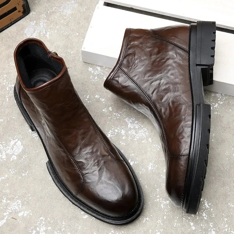 

Men's boots with fleece British leather workwear motorcycle boots winter height increasing mid top Chelsea short boots