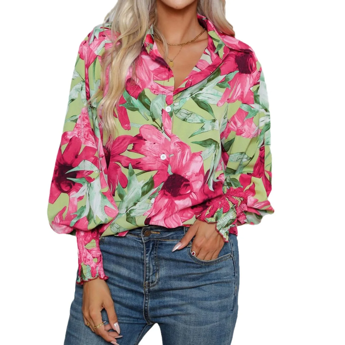 

Women Fashion Floral Printing Blouse Slim Casual Elegant Turn-down Collar Long Sleeve Shirts Office Tops Women's Clothing
