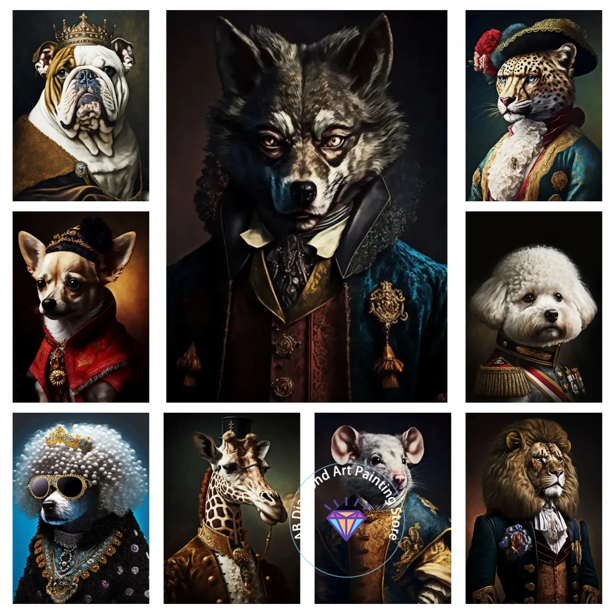 

Modern Animal Fashion Noble Vintage Lion Tiger Dog Bear 5D DIY AB Diamond Painting Kits Wall Art Picture Living Room Decoration