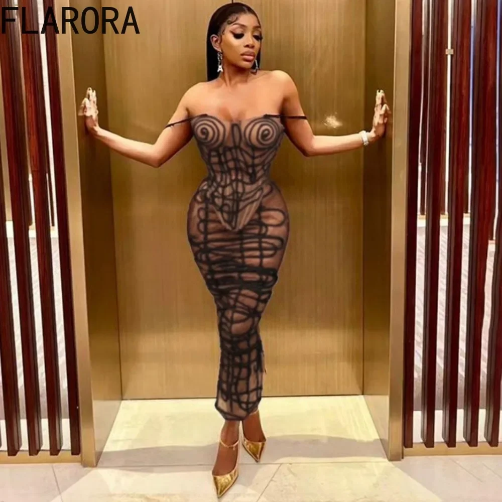 FLARORA Brown Sexy Mesh Perspective Skinky Skirts Two Piece Sets Woman Thin Strap Tops and Skirts Midnight Clubwear Party Suits