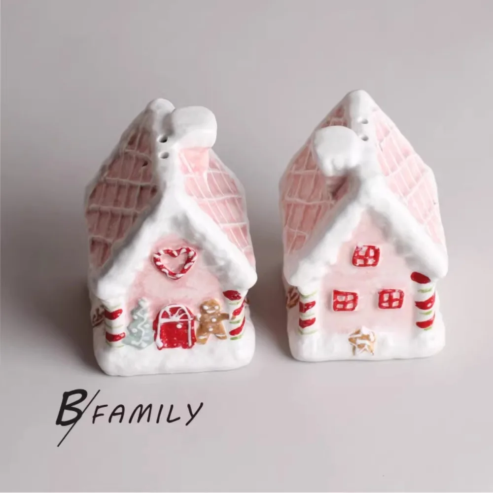 Creative Mini Ceramic Christmas House Sculpture Ornaments Living Room Dining Table Kitchen Seasoning Jars Crafts Christmas Gifts
