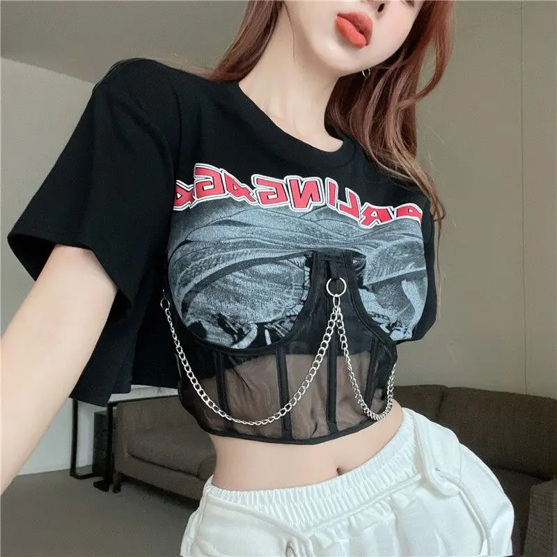 

Streetwear Trend Women's Clothing Summer Slim Fashion Pullovers Ladies Patchwork Chain Sexy Lace Tops Short Sleeve T-Shirts