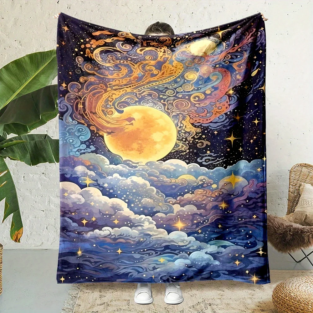 

Современное двустороннее одеяло с мультяшными облаками и лунным принтом — всесезонная полиэфирная нетканая ткань, Dreamy Fantasy Desi