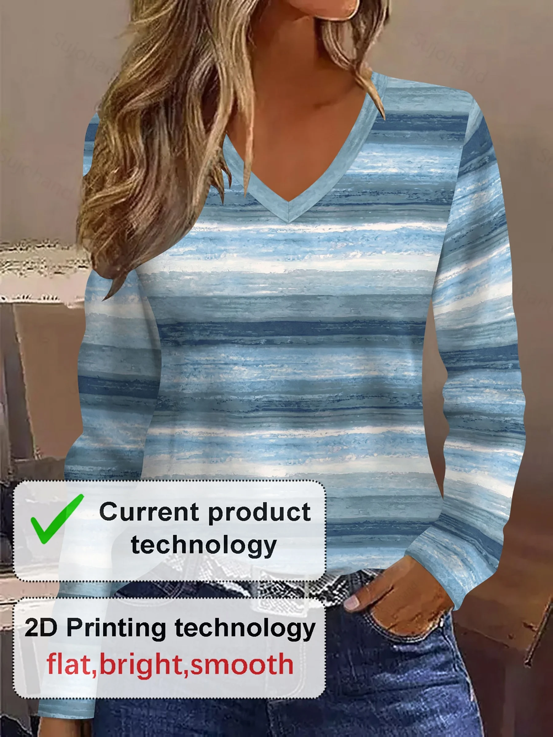 New Women V Neck Long Sleeve T-shirt Blue Gradient Stripe Street Print Casual Top Spring Autumn Ladies Daily Wear - view 2