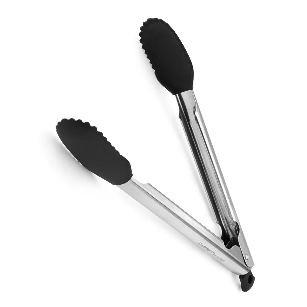 Silicone Tip Locking Food Tongs 11 Inch Black Stainless Steel Kitchen Cooking BBQ Serving Utensil Gadget