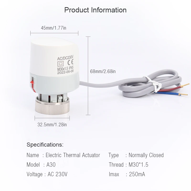 Atuador térmico elétrico normalmente fechado, 230v, 2 fios, para válvula de radiador, coletor, sistema de aquecimento de piso, m30 * 1.5