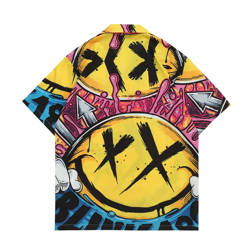 New Men's Shirt Smile Logo Print Loose Hip Hop Party Club Wear Summer Harajuku Breathable Button Men Yellow tshirt Clothing