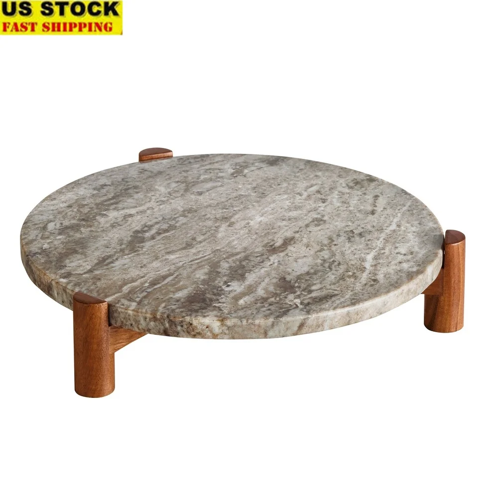 

Natural Marble Trivet with Acacia Wood Stand Durable Serving Platter Unique Veining Easy Clean Collapsible Kitchen Accessory