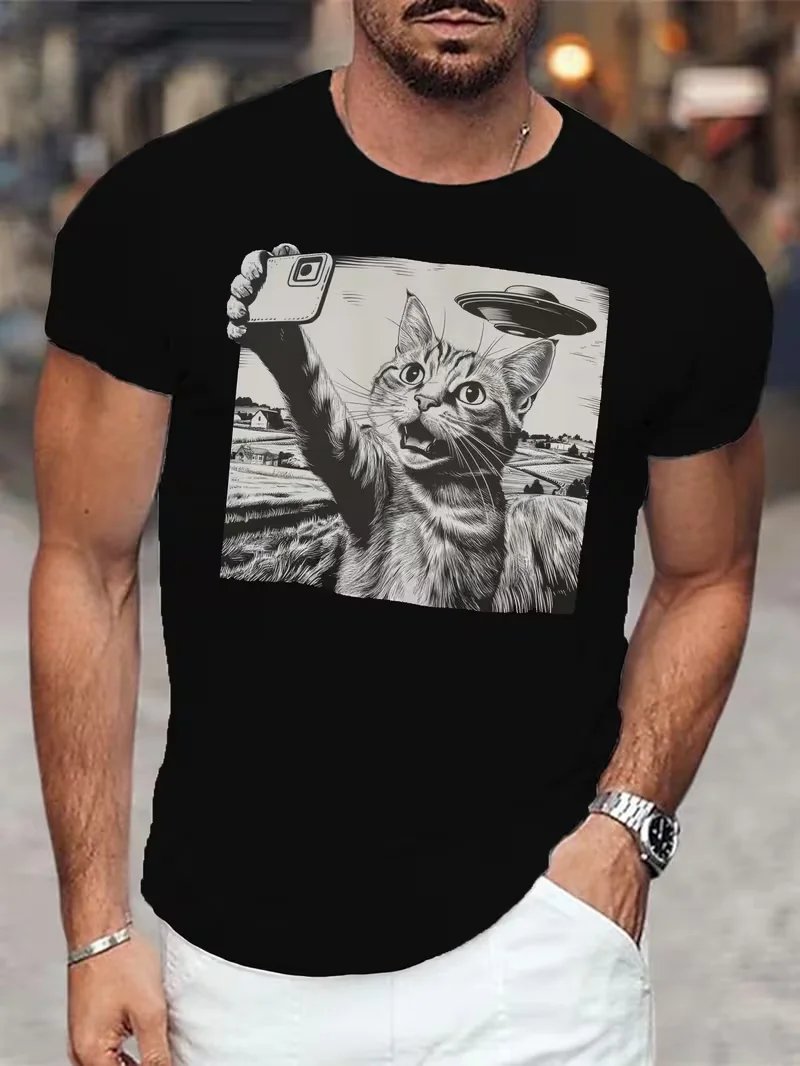 Men's Casual UFO T-Shirt Cat Selfie Tee - Breathable Polyester, Short Sleeve, Round Neck T-Shirt for Summer