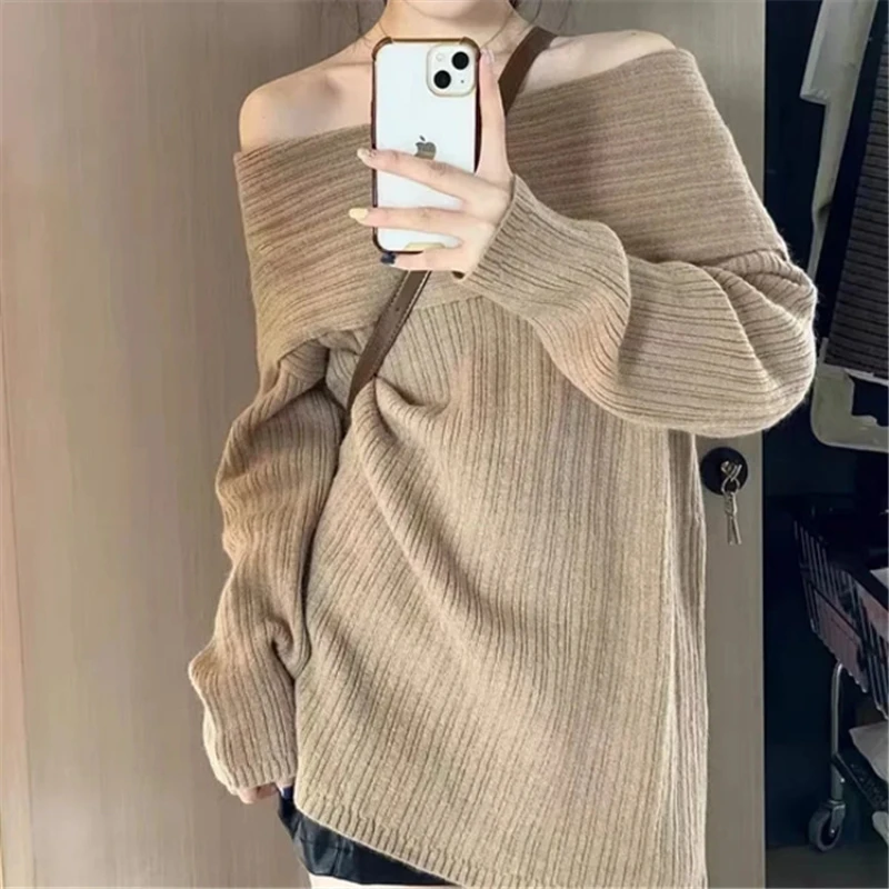 Autumn Winter New One-shoulder Careful Machine Knitted Sweater Sexy Slim Bottoming Shirt Solid Color All-match Pull Femme