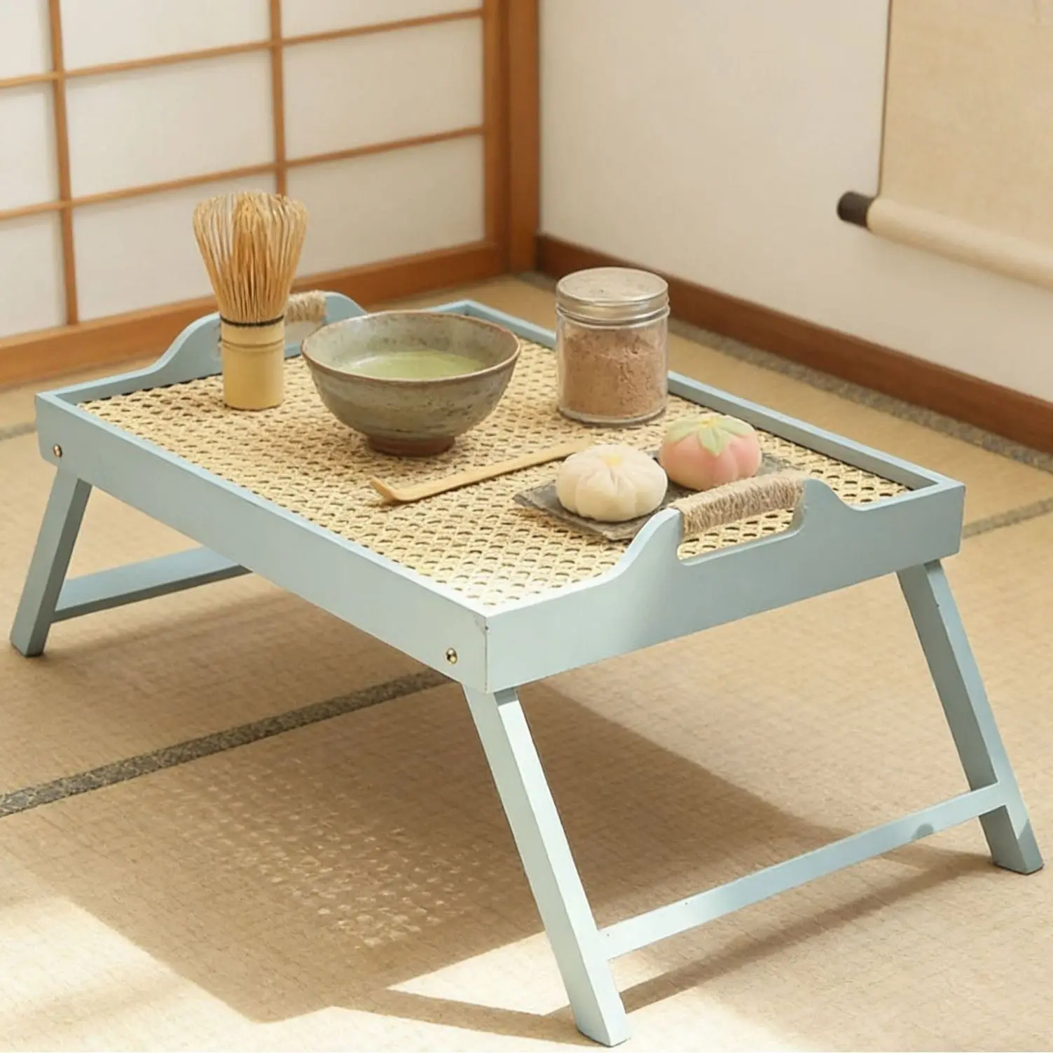 Foldable Rattan Legged Tea Tray Table Japanese Style Low Desk Bed Serving Portable Picnic Breakfast Snack With Handles Wood