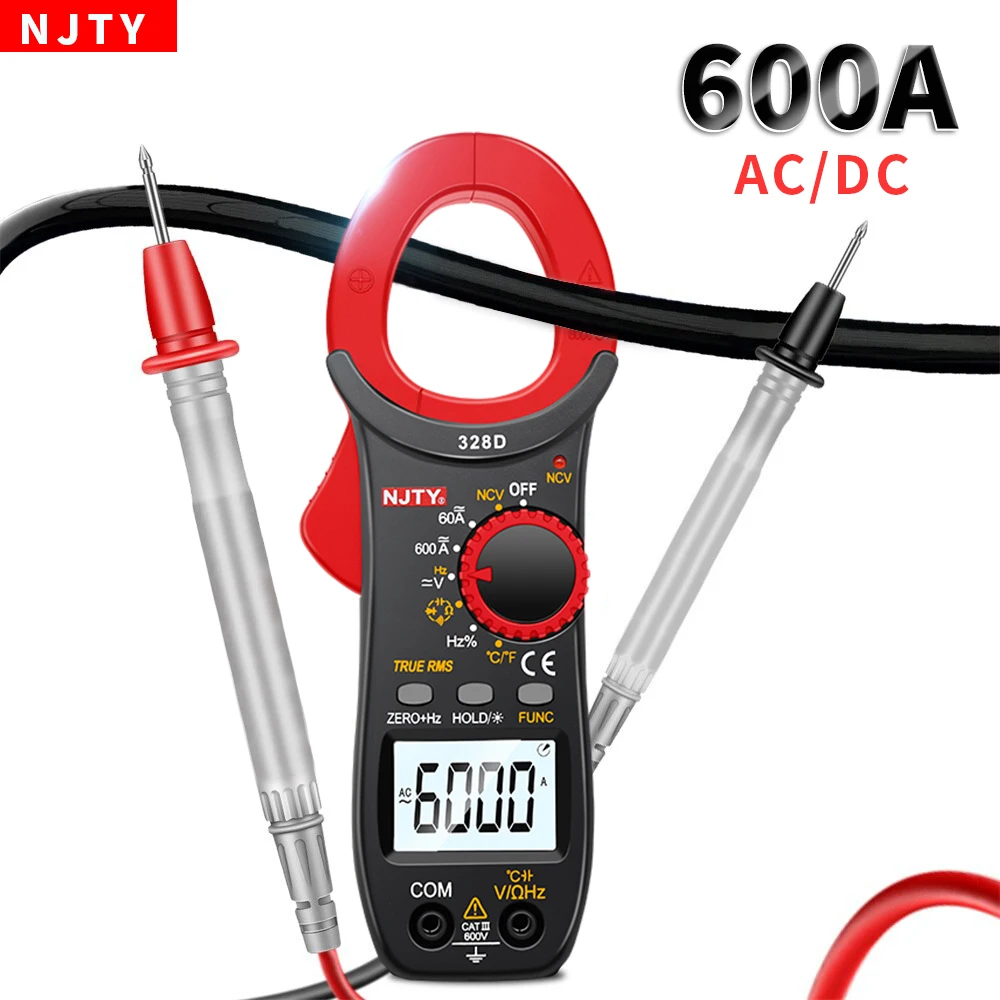 NJTY Digitales Zangenmessgerät, 600 A, DC/AC-Strom, automatische Reichweite, Multimeter, 6000 Zählungen, Voltmeter, Amperemeter, Zange, NCV, Ohm, Elektriker-Werkzeuge