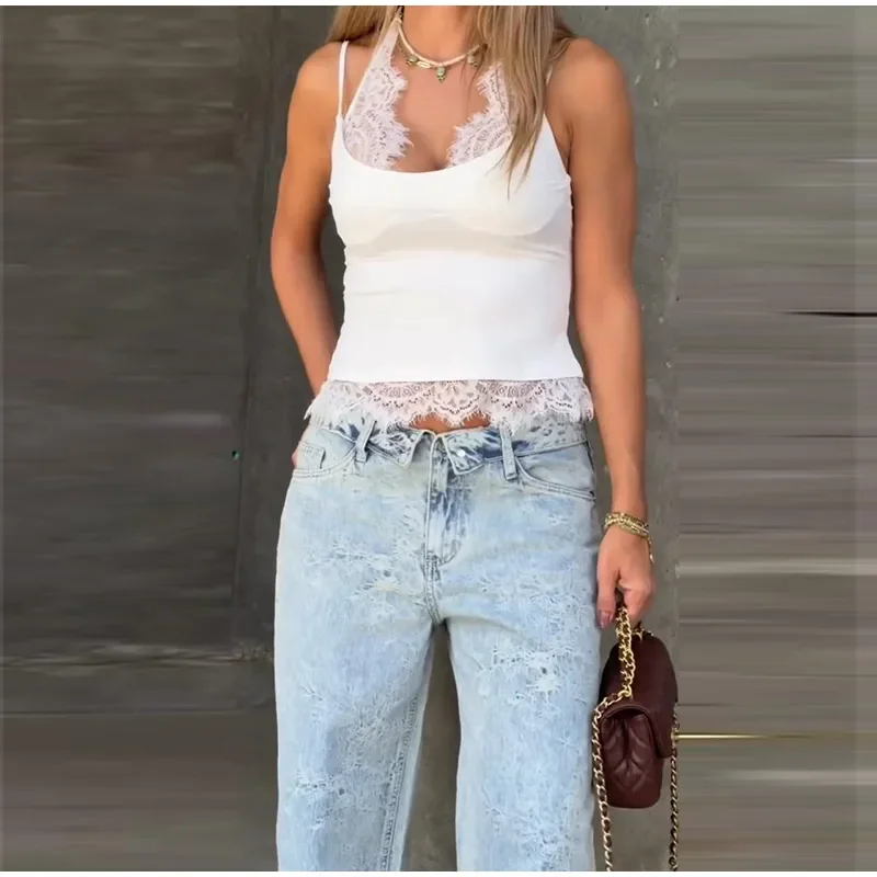 Spitzen-Patchwork-Top mit Neckholder und Taillenbetonung für Damen, sexy, ärmellos, rückenfrei, schmal geschnitten, charmante Clubwear für Damen. – Detail 6