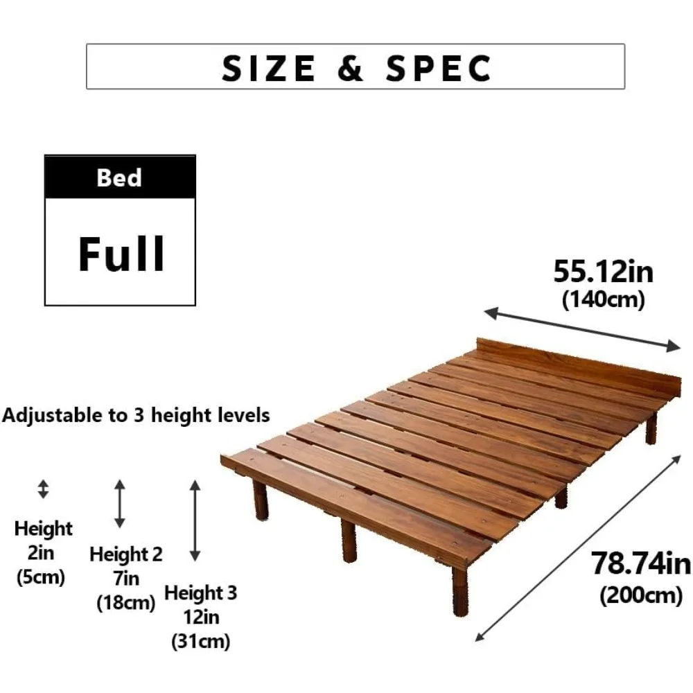 Wood Slatted Floor Bed Frame OSMOS Full for Japanese Futon Mattress Solid Pine (Earth-Natural), Height Adjustable (2/7/12in)