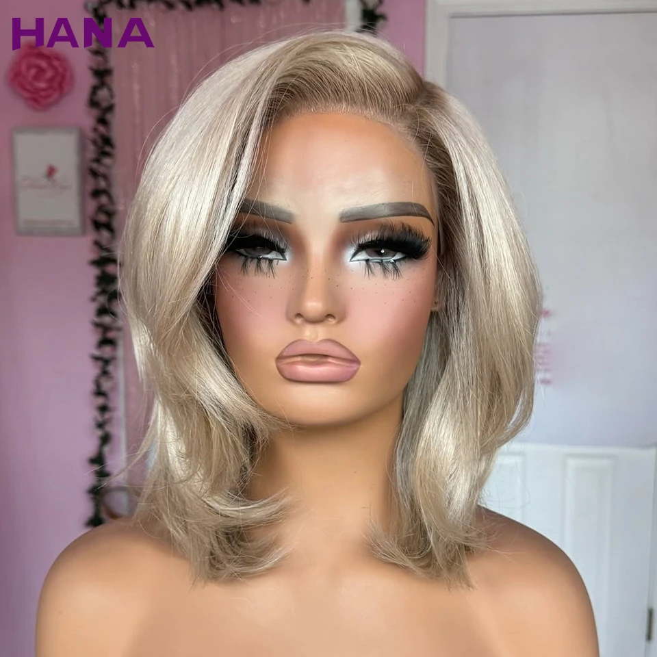 

Ash Blonde Colored Short Bob Transparent Lace Body Wave 13x4 Lace Frontal Wigs Pre-Plucked Remy Human Hair Wavy Wigs For Women