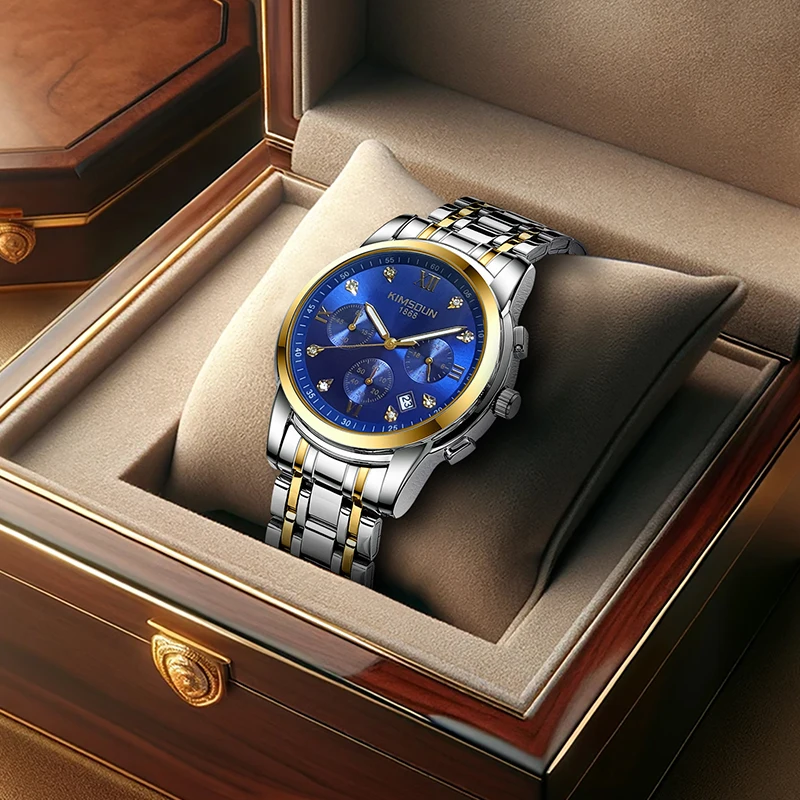 

A men's gentleman business-style three-eye quartz watch with diamond accents, mature two-tone gold and blue dial