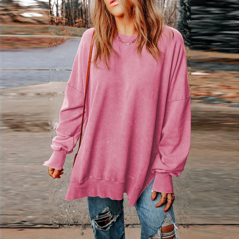 

Autumn New Solid Color Pullover Round Neck Sweater Women's Casual Style Versatile Extra Long Fleece Covering Long Sleeve Top