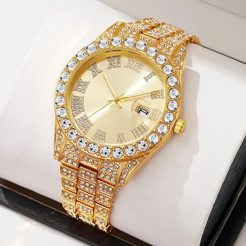 Stainless Steel Men's Watch Full Diamond Gold Quartz Watch Personality Hip-hop Feng Shui Ghost Roman Diamond Inlaid Men's Watch