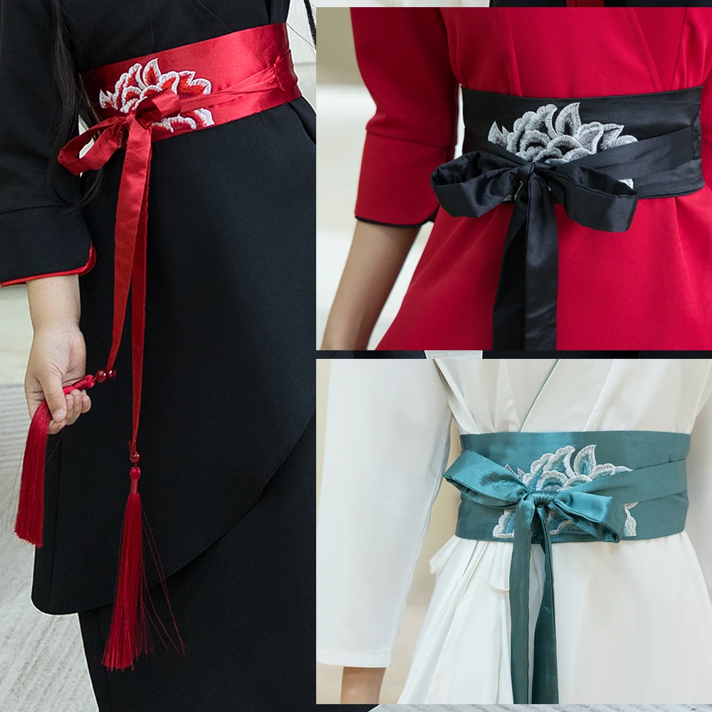 

Chinese Style Retro Flower Embroidery Belt Women Elegant Hanfu Waistband Red Blue Black Zen Tea Belts Party Cosplay Costume Prop