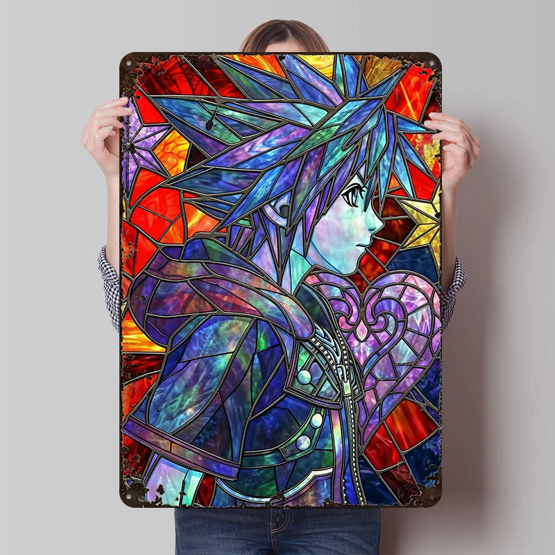 Kingdom Hearts Sora Stained Glass Art Metal Poster Custom Wall Art Retro Vintage Tinplate Signs for Man Cave Gamer Decoration