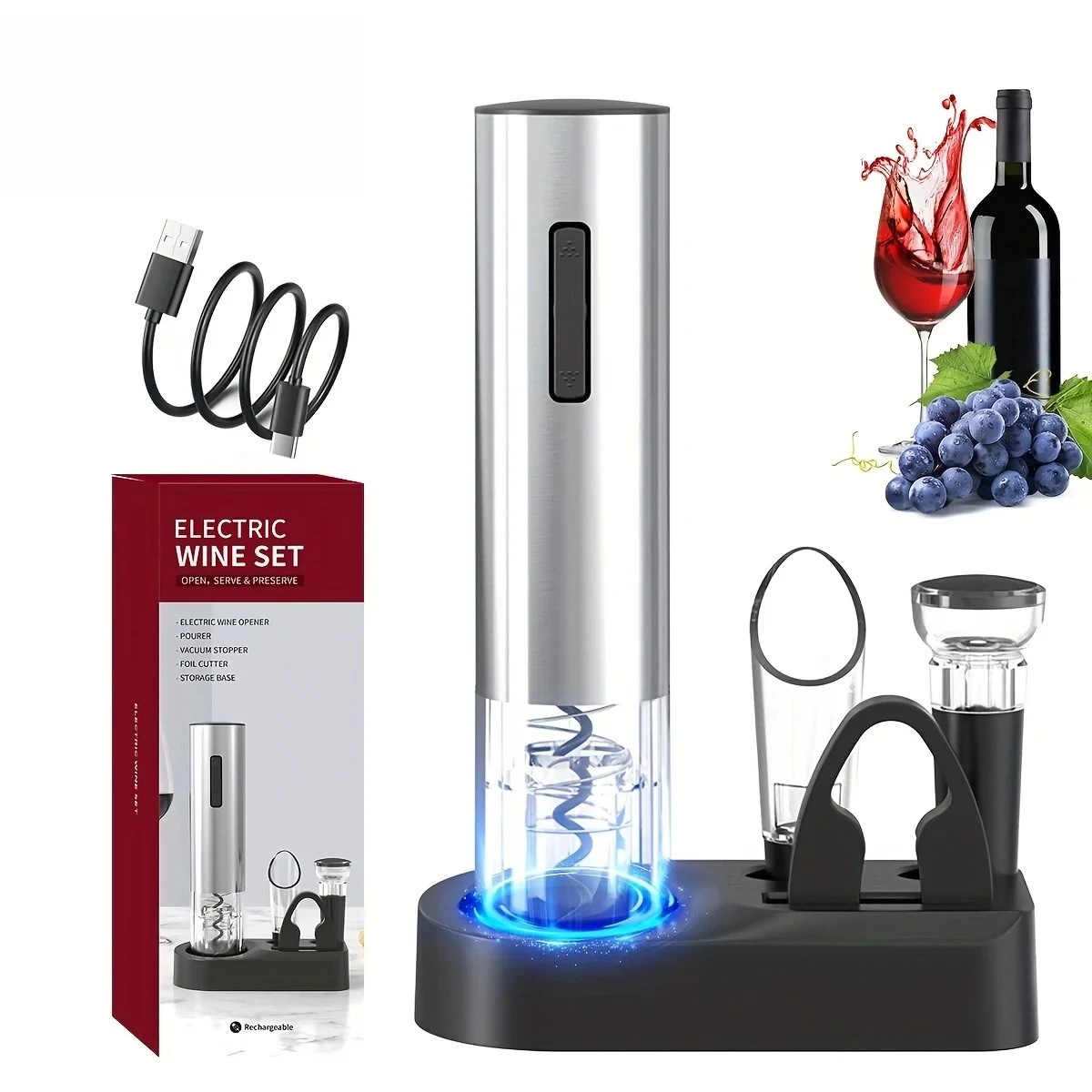

Rechargeable electric wine opener, 304 stainless steel automatic wine gift set, 1-piece/4-in-1 wine bottle opener