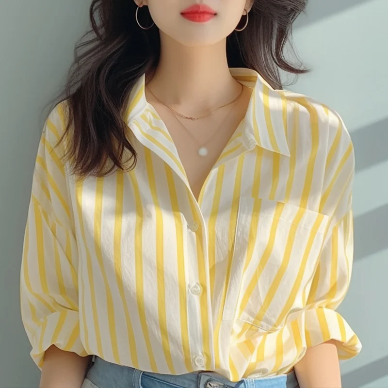 Spring Autumn Women Blouse Lapel Yellow and White Vertical Stripes Loose Fashion Casual Long-sleeved Shirt