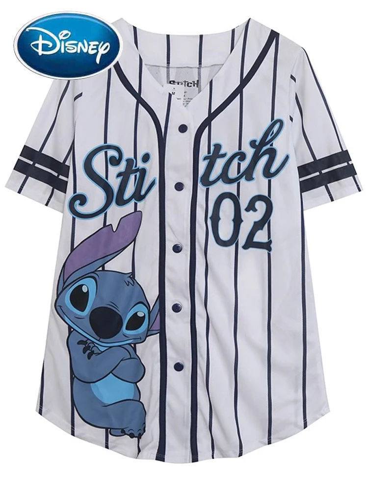 Disney Stitch Little Monster Striped Cartoon Print Baseball Sports T-Shirt Women Single-breasted V-Neck Short Sleeve Tee Tops