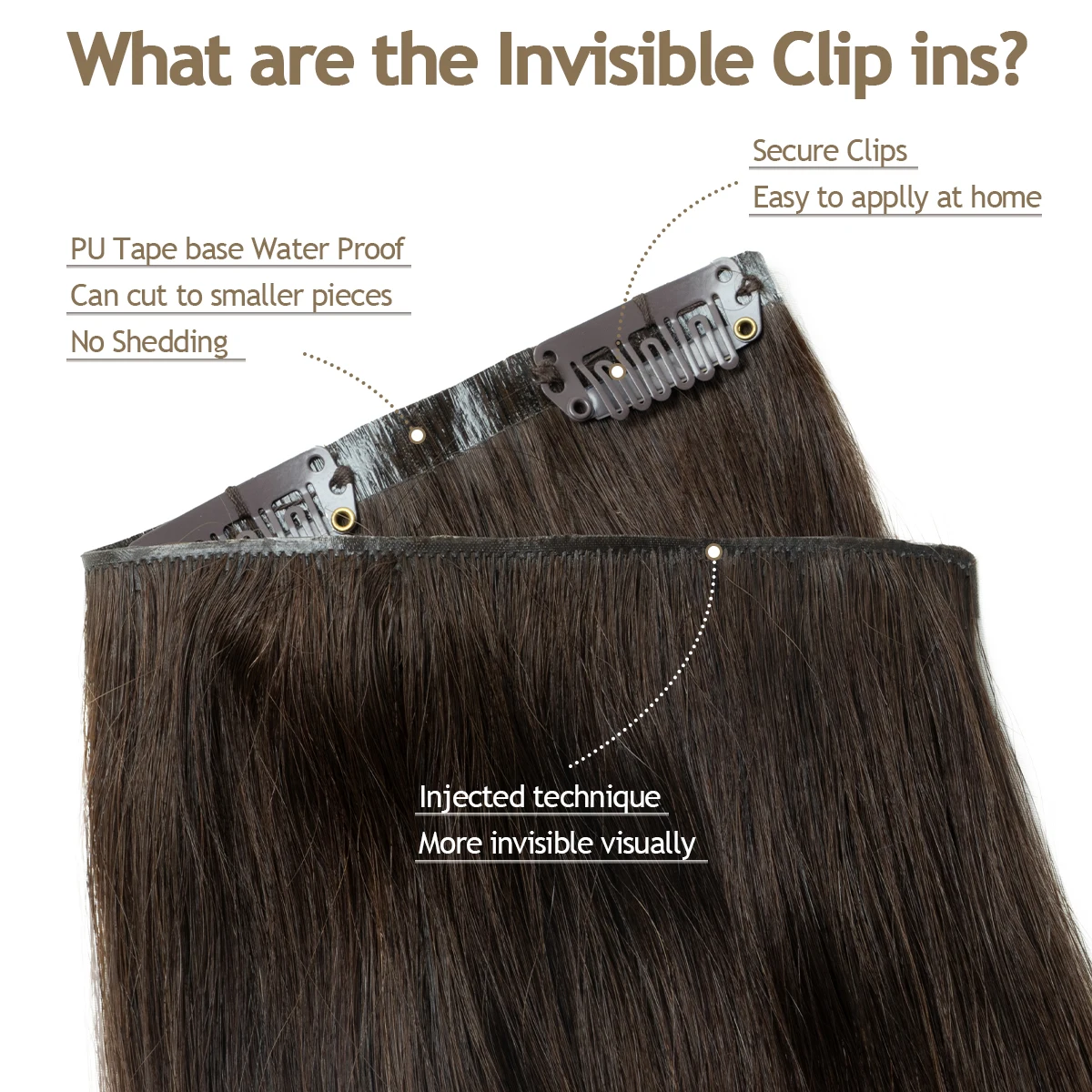 目に見えない厚いPUクリップ式人毛エクステ、シームレスPUウェフトテープクリップ式ヘアピース、太い未処理毛用、7個セット、12～24インチ、100～120グラム