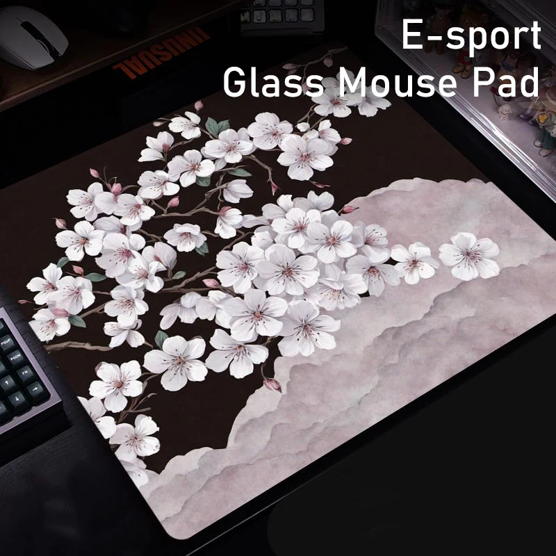 

Японский игровой стеклянный коврик для мыши Cherry Blossom Black Design — креативная поверхность из закаленного стекла для профессионального использования FPS eSports и ПК