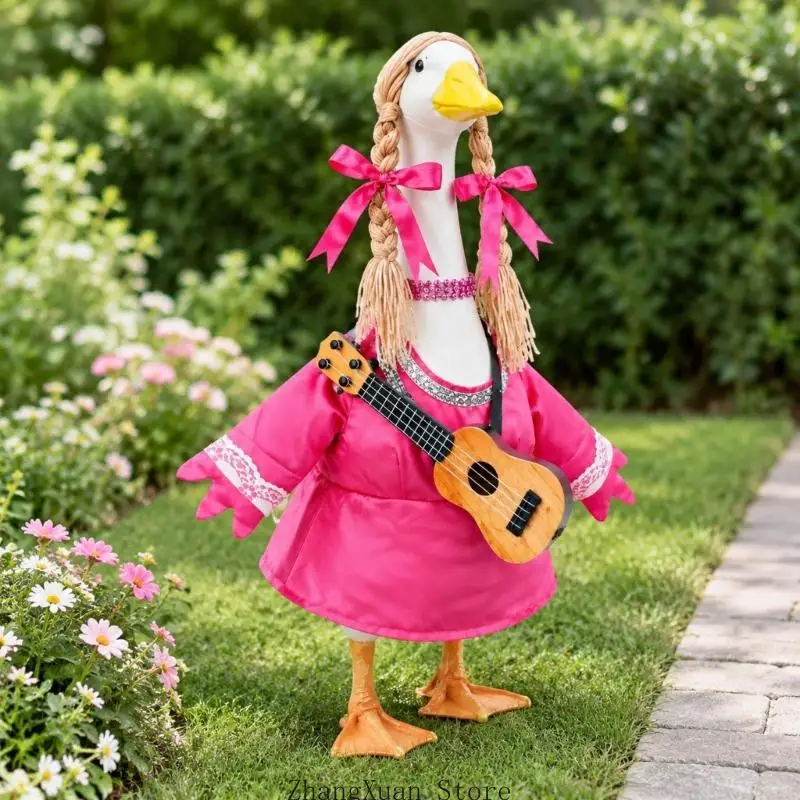 Dreiteiliges Musiker-Kostümset für bestehende Gartenvogelstatue mit Kleid, hellgoldenem Haarteil und Minigitarre 3XUF – Detail 10