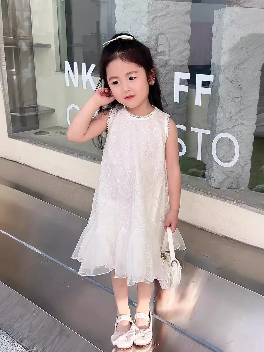 Children\'s Dress Summer New Korean Version of the Princess Dress Fashion Pearl Sleeveless Dress Pure White Undershirt Dress