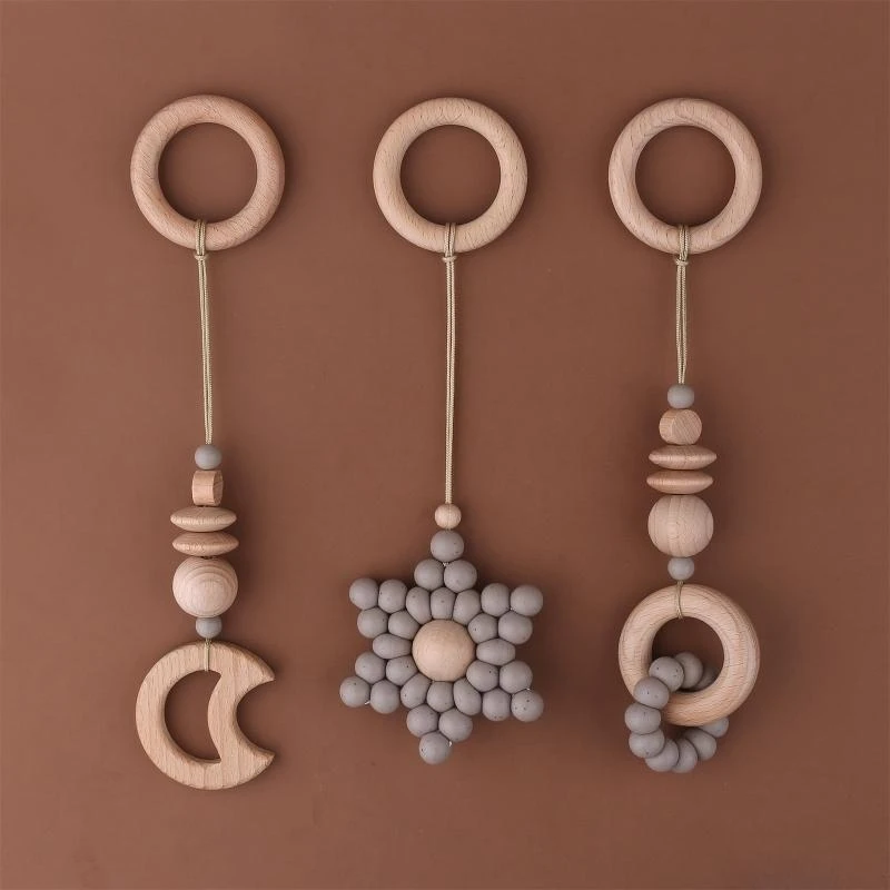 

J15U Baby Gym Frame Pendant Stroller Rattle Wooden Ring Beads Teether Nursing Molar Teething Shower Gifts for Infants