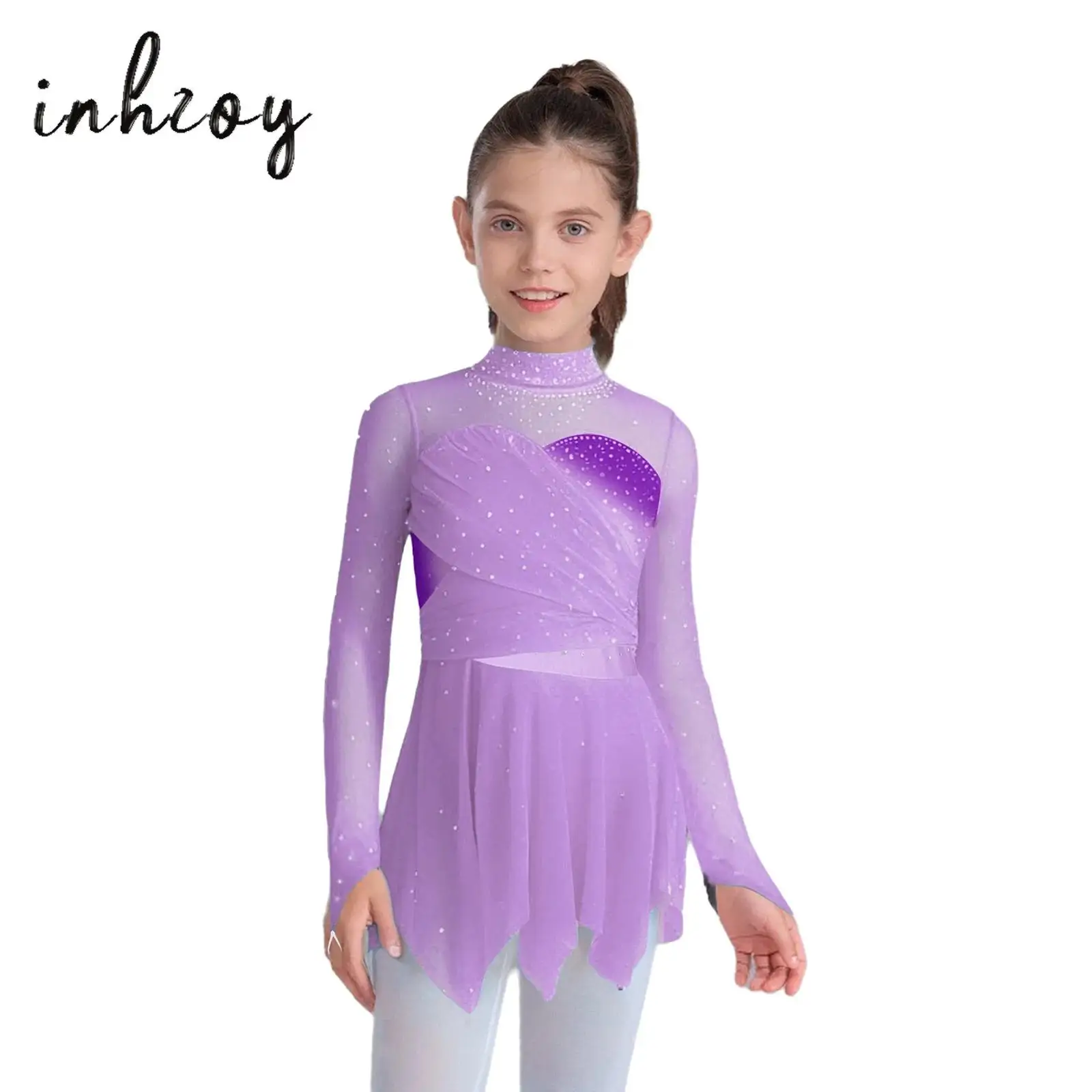 

Kids Girls Figure Skating Dress Mock Neck Long Sleeves Shiny Rhinestone Irregular Hem Ruched Mesh Dress Ballet Lyrical Dancewear
